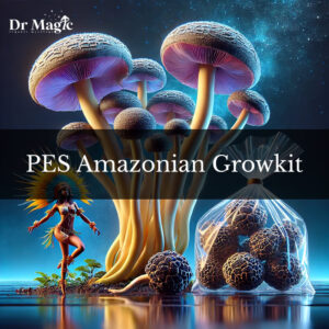 PES Amazonian Growkit to zestaw do hodowli grzybów Psilocybe cubensis PES Amazonian – odmiany znanej z szybkiego wzrostu, dużych owocników (do 15–30 cm) i obfitych zbiorów.